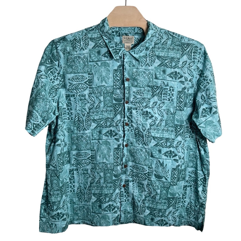 LL Bean Mens XXL Traditional Fit Cotton Button Down Shirt Teal Print 300229